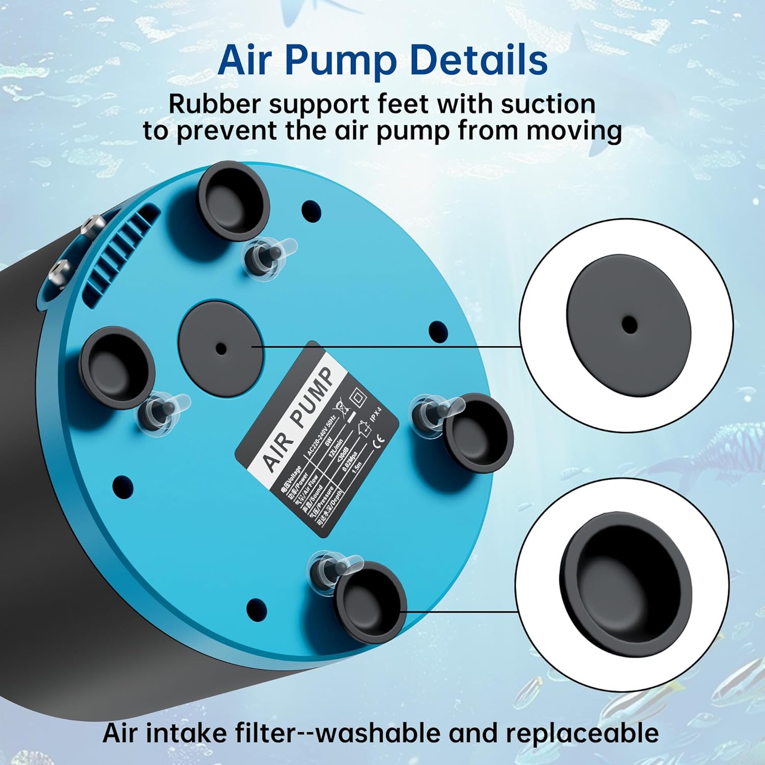 Aquarium Air Pump with Adjustable Double Outlet air Stone Bubbler for Fish Tank, Silent Fish Tank Aerator with Accessories, 3W/6W/10W for Up to 250 Gallon Tank