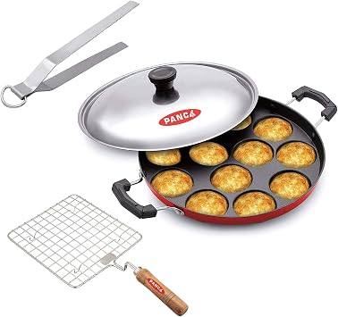 Panca Premium Appam Maker Non Stick مع Papad Jali و Tong و Aluminium Appam Patra و Barbeque Jali و Appam Pan with Lid و Tong for Papad Roti-Red Appam و Roasting Net و Tong Combo