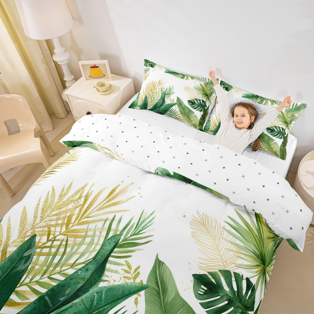 Feelyou Palm Leaf Bedding Set Full Size Kids Tropical Leaves Comforter Cover Set for Boys Girls Teens Leaf Pattern Duvet Cover Botanical Leaf Branches Bedspread Cover Leaf Branches Quilt Cover