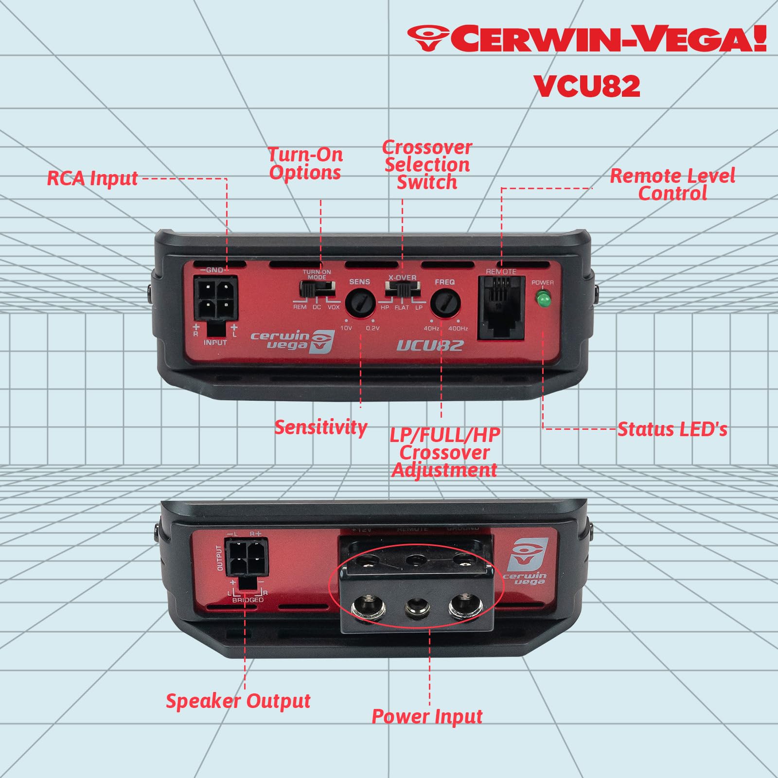 Cerwin-Vega VCU82 600W Max 2-Channel Class D 600W Full Range Amplifier with Remote Bass Control