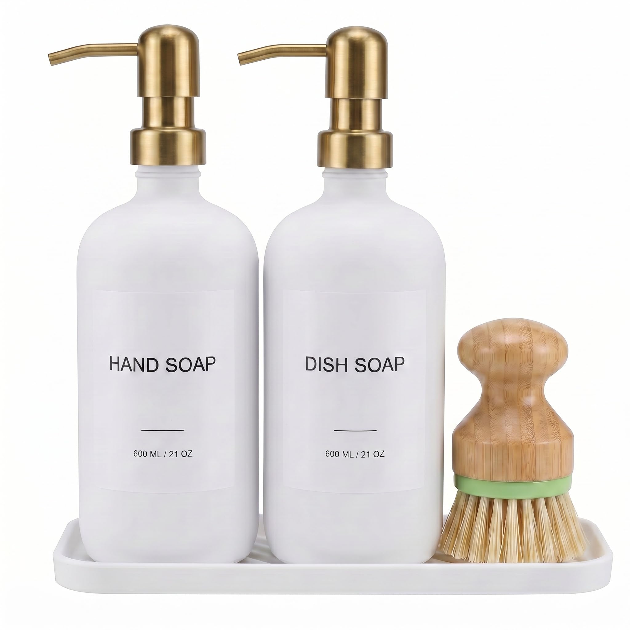 Hand & Dish Soap Dispenser with Dish Brush, Washing Up Liquid Dispenser Set 600ml, PET Plastic Bottle with Stainless Steel Pump, Silicone Tray & 8 Waterproof Labels for Kitchen Sink (White Gold)