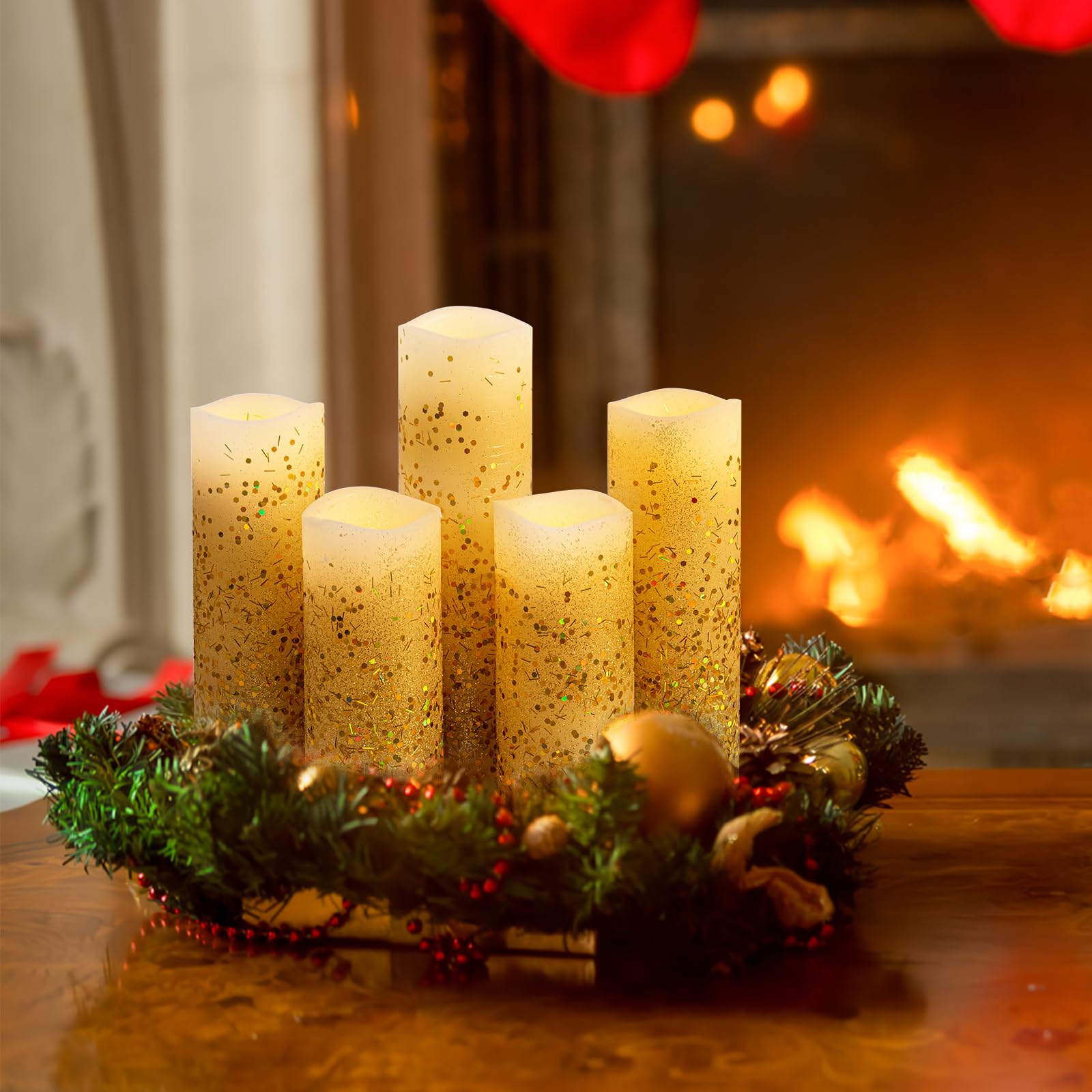 Evenice Christmas Gold Glitter Candle Flameless Candles Moving Flame Wick with Remote Timer, Pack of 5