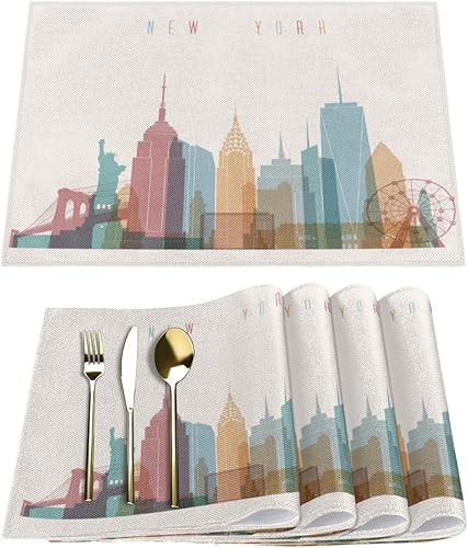 Miniatura 1 de New York Cartoon Buildings - Juego de 6 manteles individuales cuadrados de tela para mesa de cocina, resistentes al calor, fáciles de limpiar,