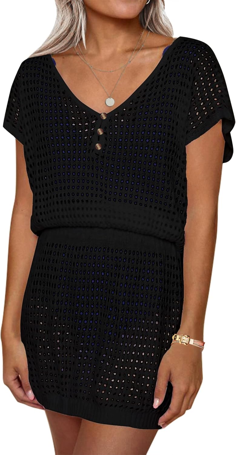 AOLRO Women's Swim Coverups Crochet Hollow Out Short Sleeve V Neck Beach Swimsuit Bathing Suit Cover Up Dresses S-XXL