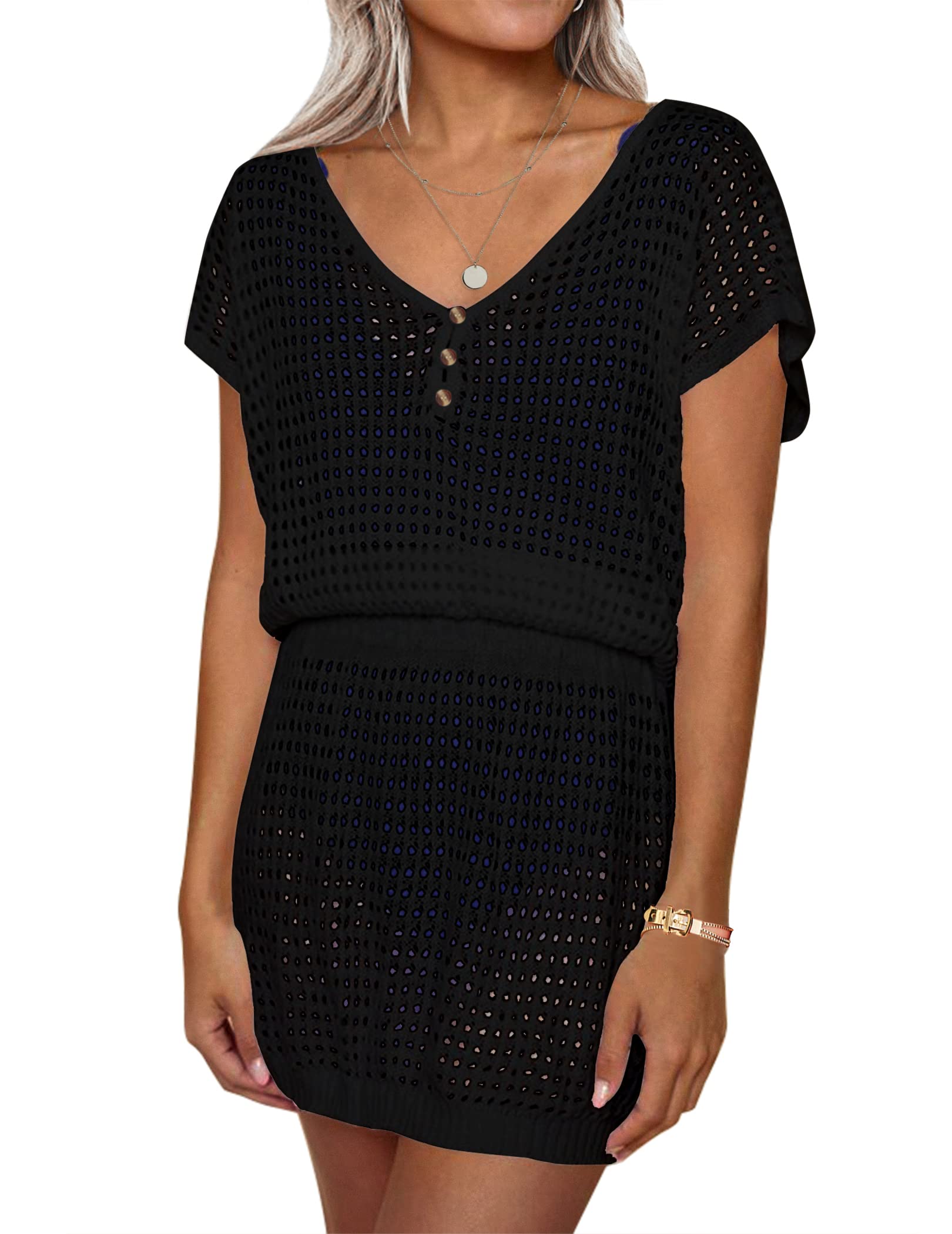 AOLRO Women's Swim Coverups Crochet Hollow Out Short Sleeve V Neck Beach Swimsuit Bathing Suit Cover Up Dresses S-XXL