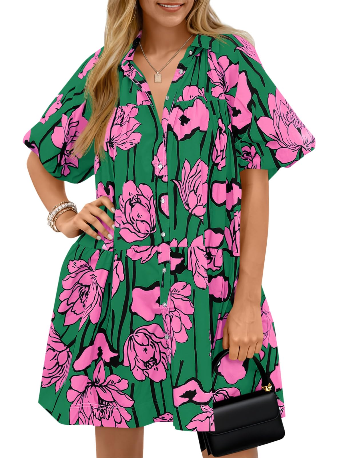 Women's Summer Button Down Shirt Dress Floral Puff Short Sleeve