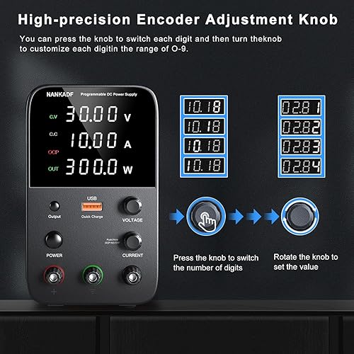 Miniatura 3 de Fuente de alimentación de CC variable, fuente de alimentación de banco de 30 V 10 A con perilla de ajuste del codificador, botón de
