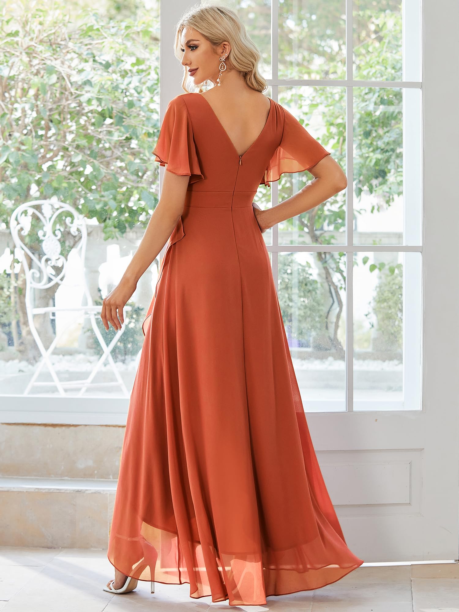 Ever-Pretty Robe pour Mariage Invité Femme Longue Asymétrique Manches Courtes Col V Fendue Fluide Chic ES01749