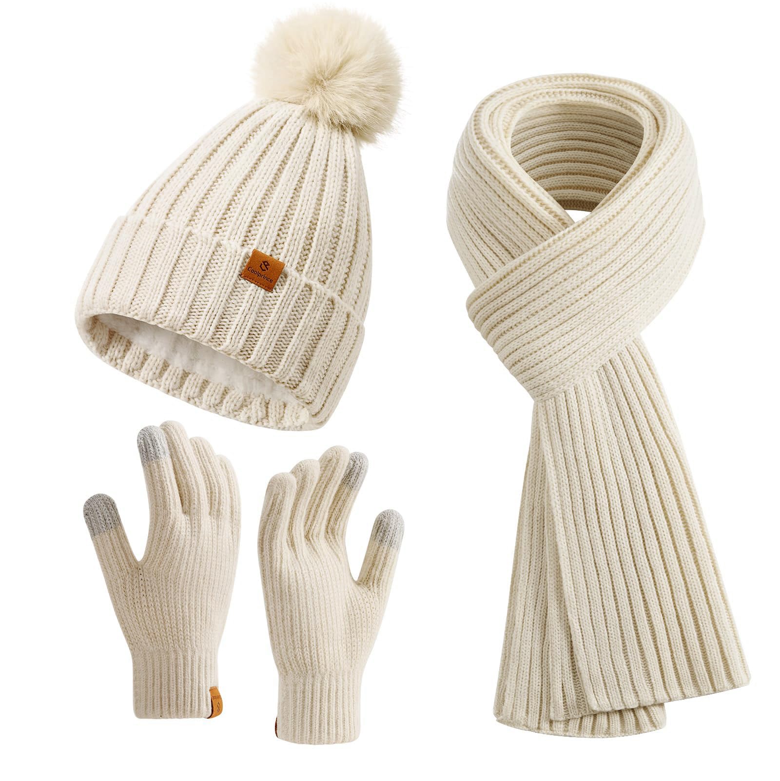 Womens Winter Beanie Hat Long Scarf Touchscreen Gloves Set with Fleece Lined Warm Knit Beanie Cap with Pom Pom-image-24