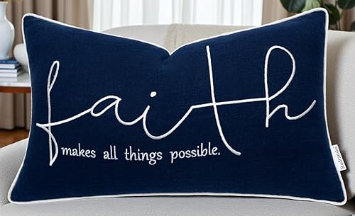 Rudransha Faith Sentiment - Funda de almohada decorativa bordada, decoración para el nuevo hogar, sofá, silla, 12 x 20 pulgadas, azul marino
