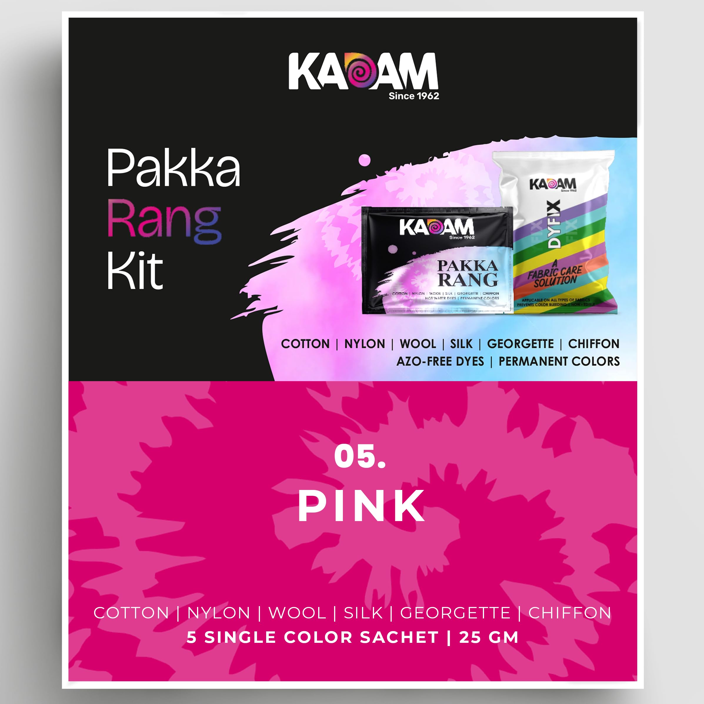 Kadam Pakka Rang Fabric Dye Colour | 25g Pack | Includes DyFix Color Fixer | Permanent Fabric Dyes for Old Faded Jeans and Clothes (Pink)