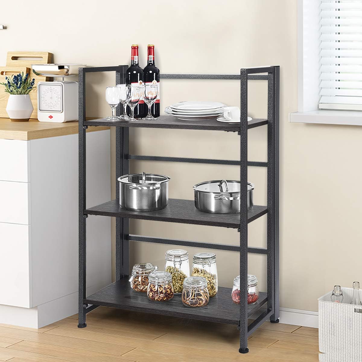 Giantex 3-Tier Folding Bookshelf Standing Shelf Units Display Rack Storage Shelf Industrial Style Utility Shelving with Metal Frame & Wood Layer (Gray, 23.5" LX12 WX37 H)