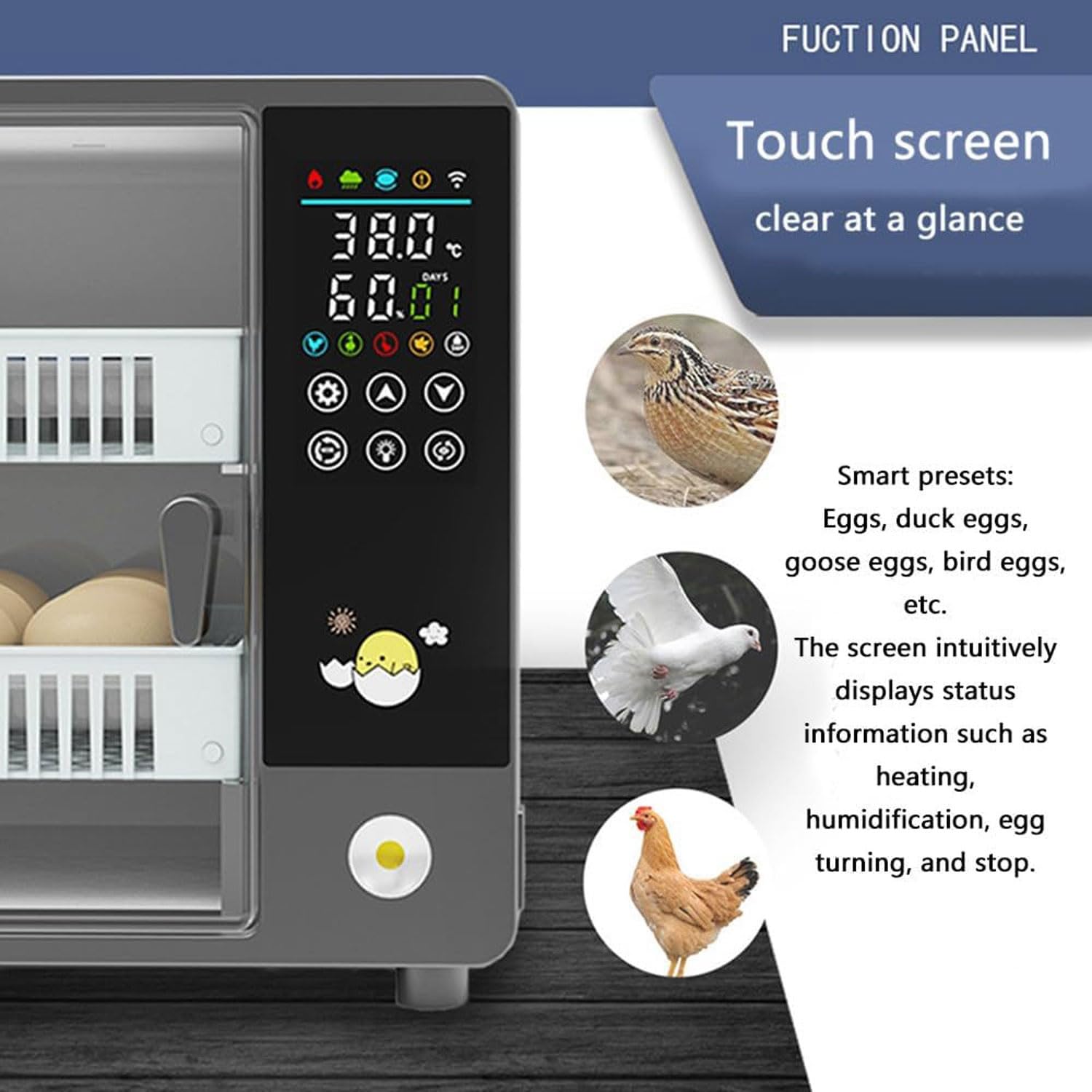 Incubadora digital de huevos con control de temperatura y humedad, pantalla táctil, giro automático, ideal para huevos de gallina y pato, perfecta para la agricultura doméstica
