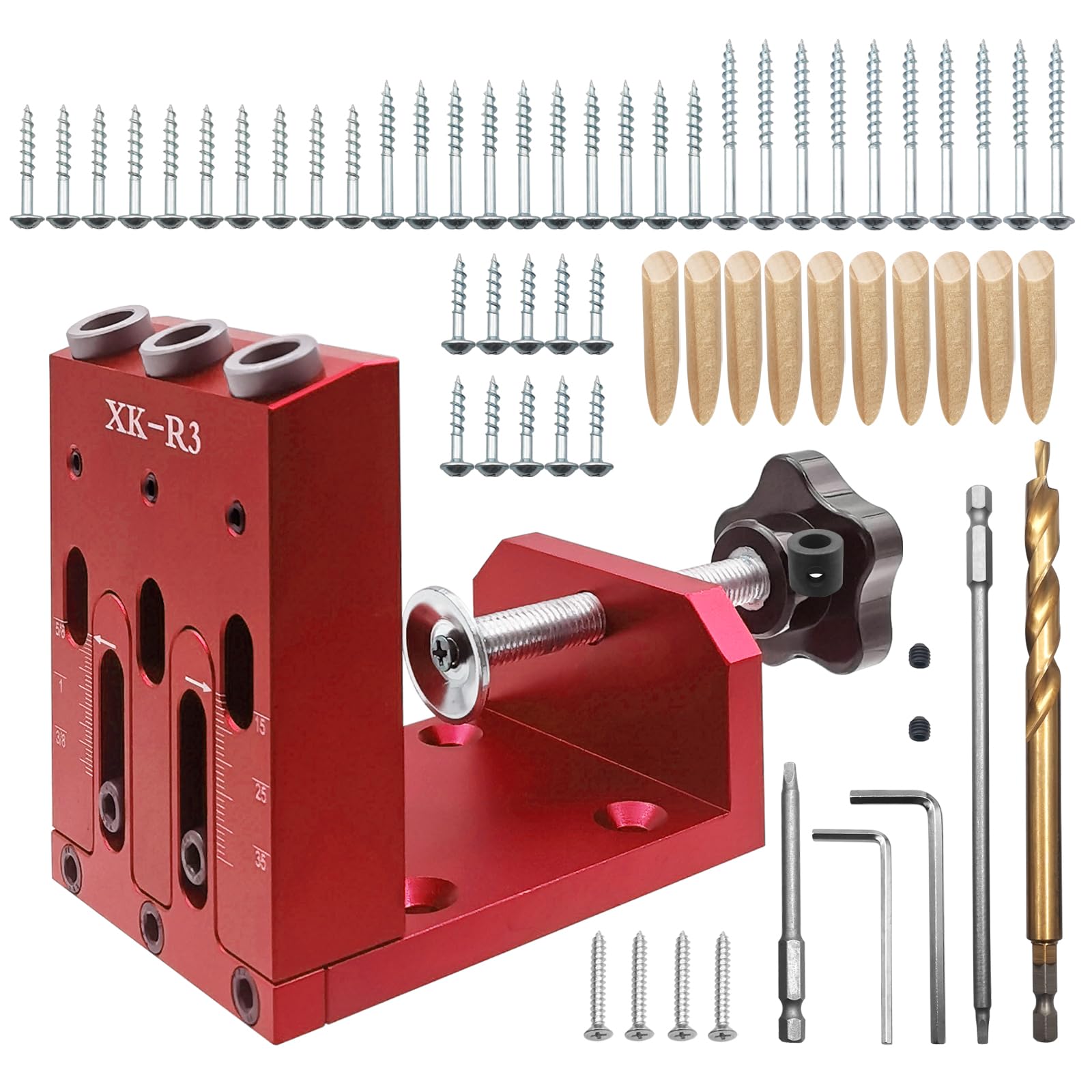 Kit per fori tascabili, regolabile, con tre guide di perforazione per fori ad angolo di 15°, efficiente sistema di posizionamento per falegnami, giunti e professionisti della carpenteria (rosso)