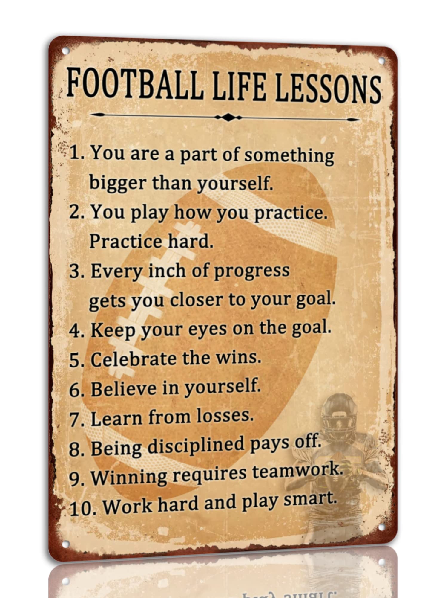 peiyeety Football Life Lessons Tin Sign Vintage Football Metal Signs Sport Wall Decor for Bar Garage Bedroom 8x12inch