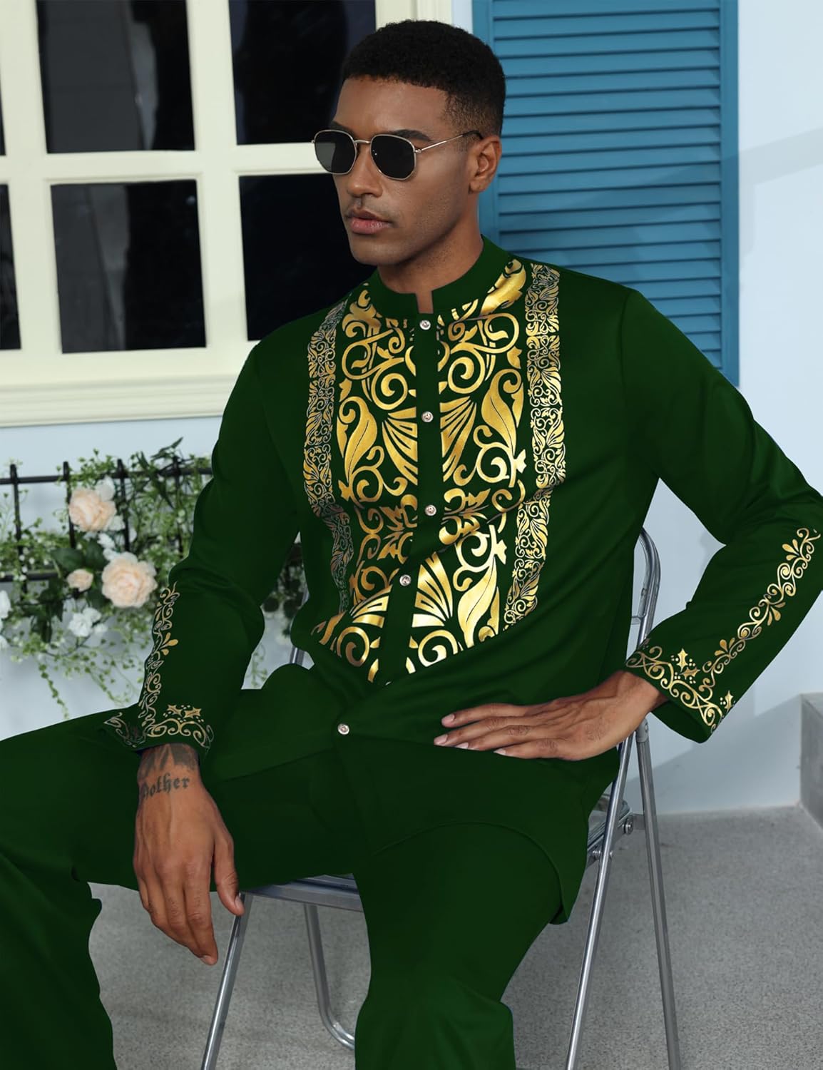 Mens African 2 Piece Sets Dashiki Metallic Traditional Suit Gold Stamp Printed Shirt and Pants Outfit