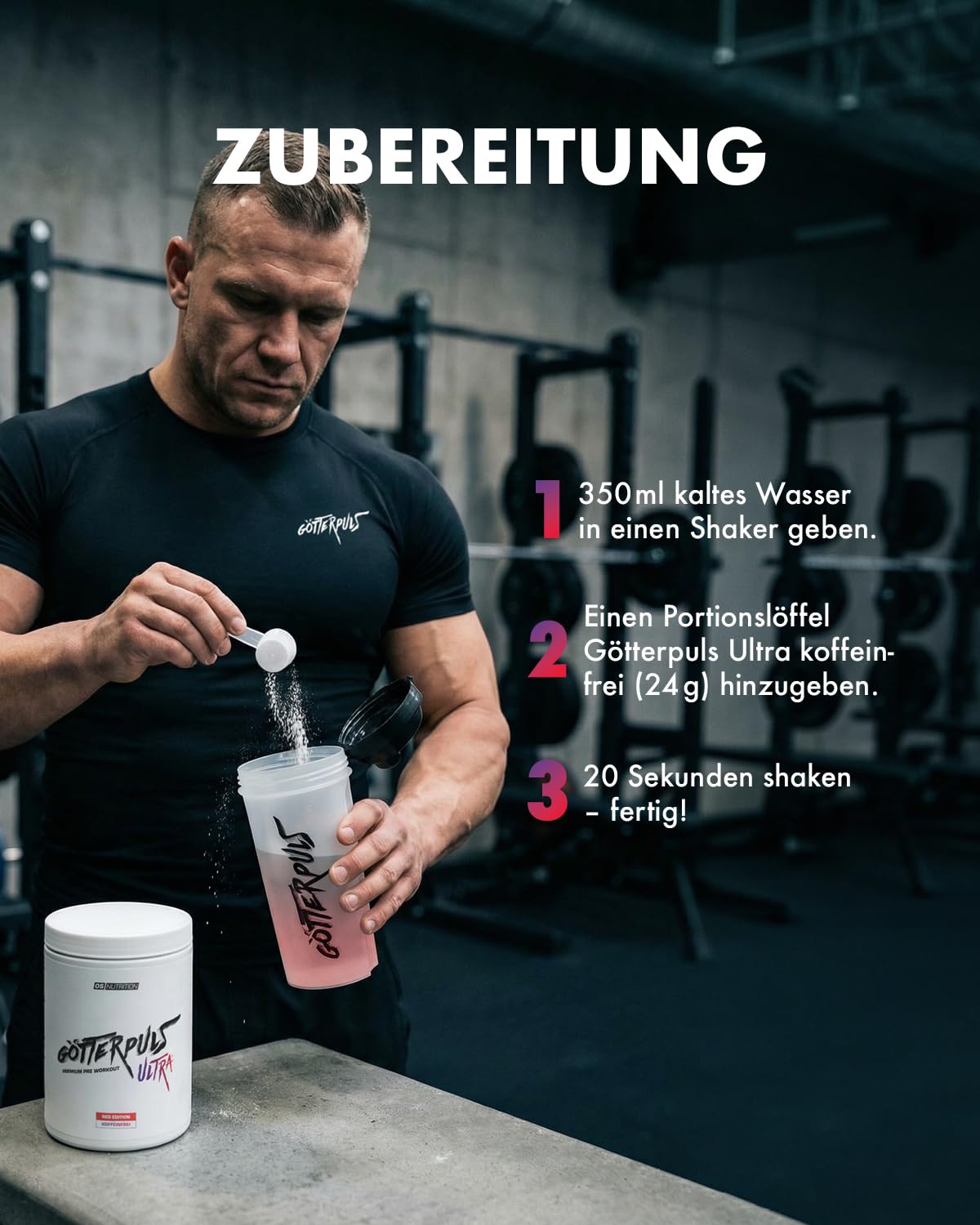 Götterpuls ULTRA Pre Workout (koffeinfrei) 480g Pulver RED EDITION | L-Citrullin, OXYSTORM, Citicolin & Cyclic Dextrin – Vegan – 480g Pulver – 20 Portionen – Himbeere-Kirsche-Erdbeere