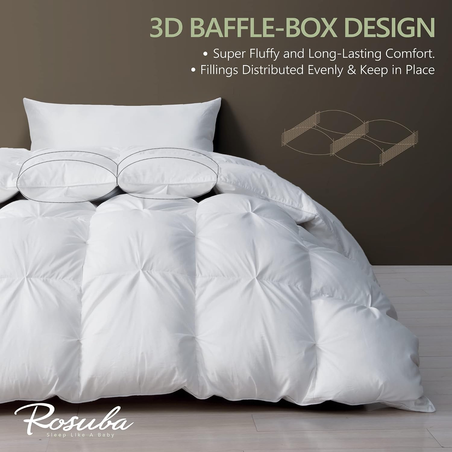 ROSUBA Luxurious Goose Feather Down Comforter King Size, All Season Down Duvet Insert, Ultra-Soft Down Comforter, 46 Oz Fluffy Medium Warm Hotel Down Comforter with Corner Tabs (106x90)