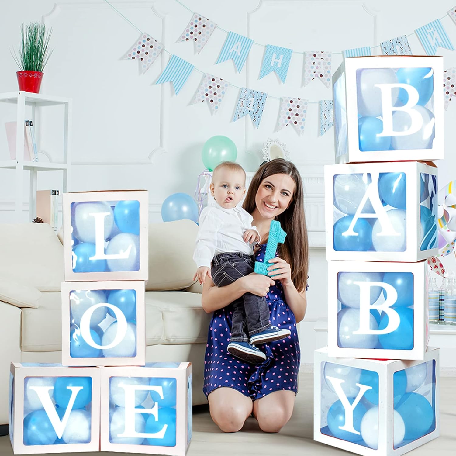 Geyee 8 Pcs Transparent Balloon Box with 78 Letters for Baby Shower 3 Sets of A-z Clear Balloon Box for Gender Reveal Birthday Bridal Wedding Decorations(White)