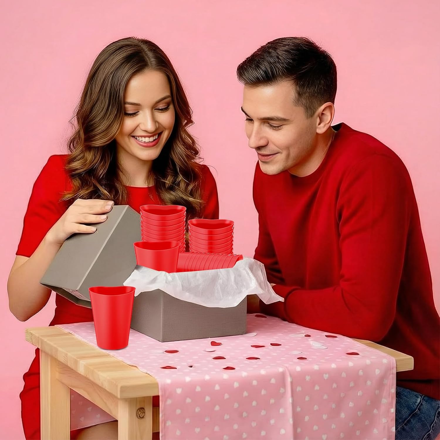Qinyoung 100 Pcs Valentines Heart Shaped Plastic Cups Bulk 12 oz Plastic Heart Wine Cups Reusable Pink Red Galentines Party Cup for Wedding Birthday Drinking Beverage Party Supplies(Red)