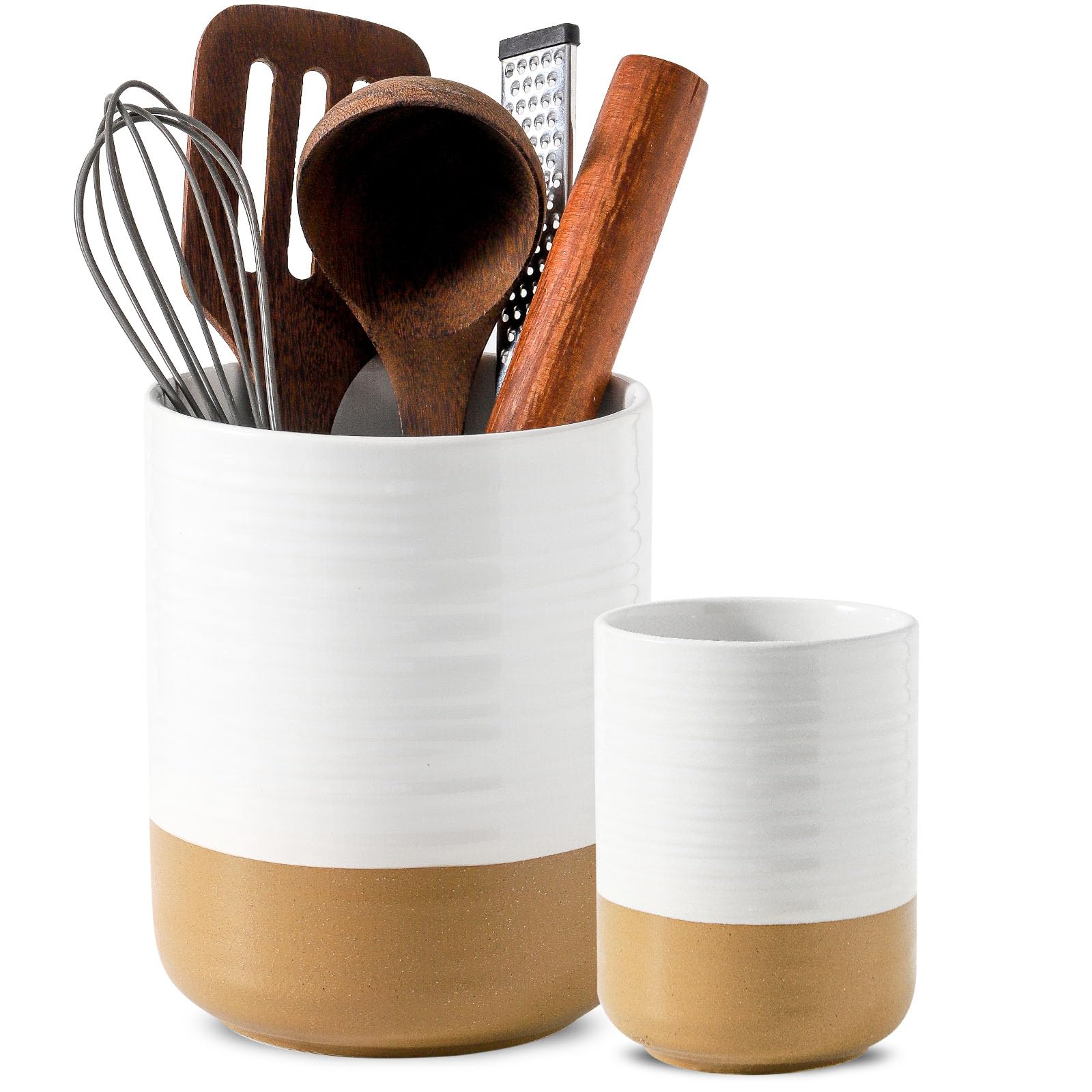 HASENSE Keramik-Utensilienhalter für Theke, 18,8 cm + 14 cm, großer Küchenutensilien-Organizer für Küchenutensilien, weißer Kochutensilien-Topf für Spatel, Bauernhaus-Dekoration, 2 Stück