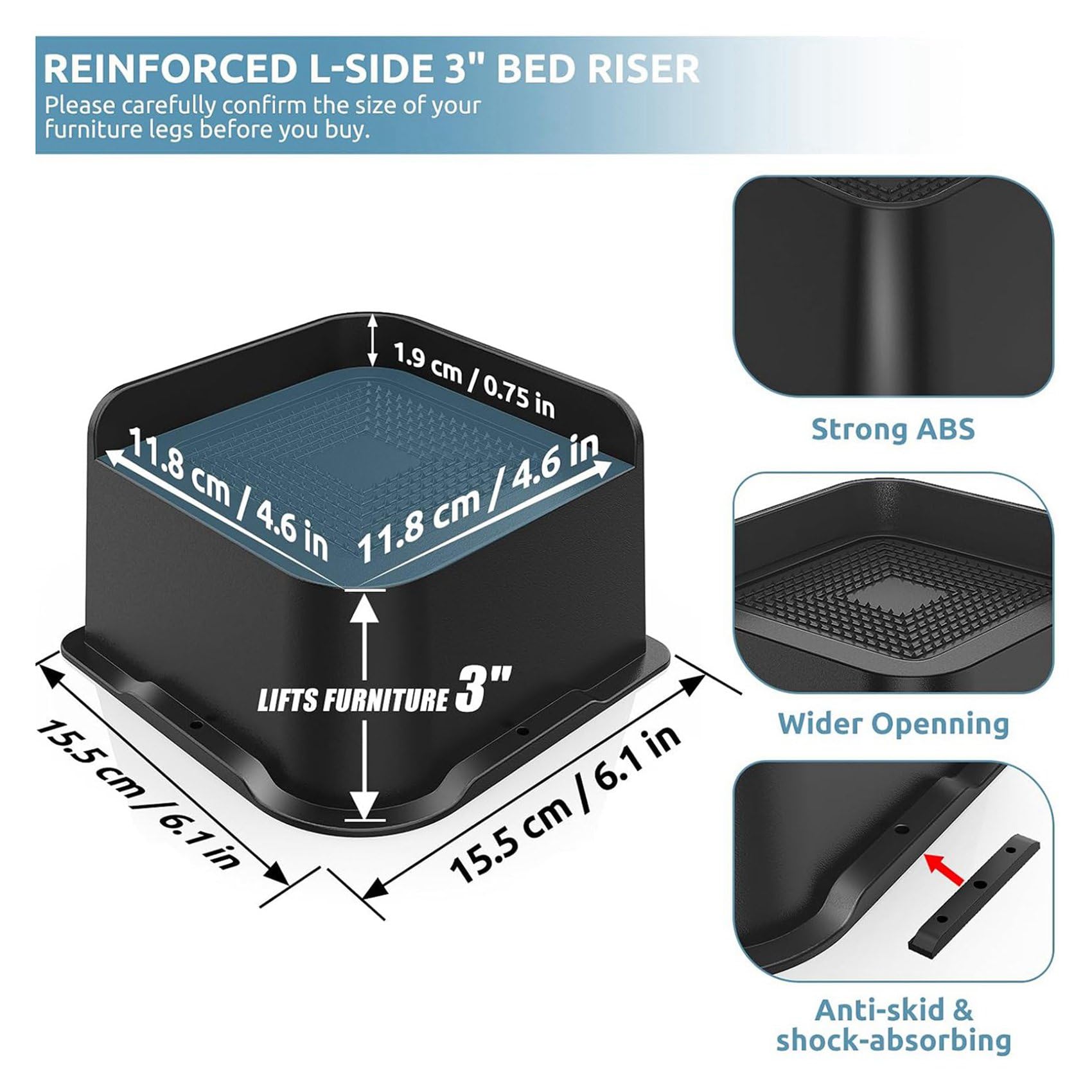 Elevadores de Cama de 3 Pulgadas Resistentes, Elevadores de Muebles de Apertura de 4,8X4,8 Pulgadas, Paquete de 8, Elevadores de Cama para Sofá, de Cama, Mesas