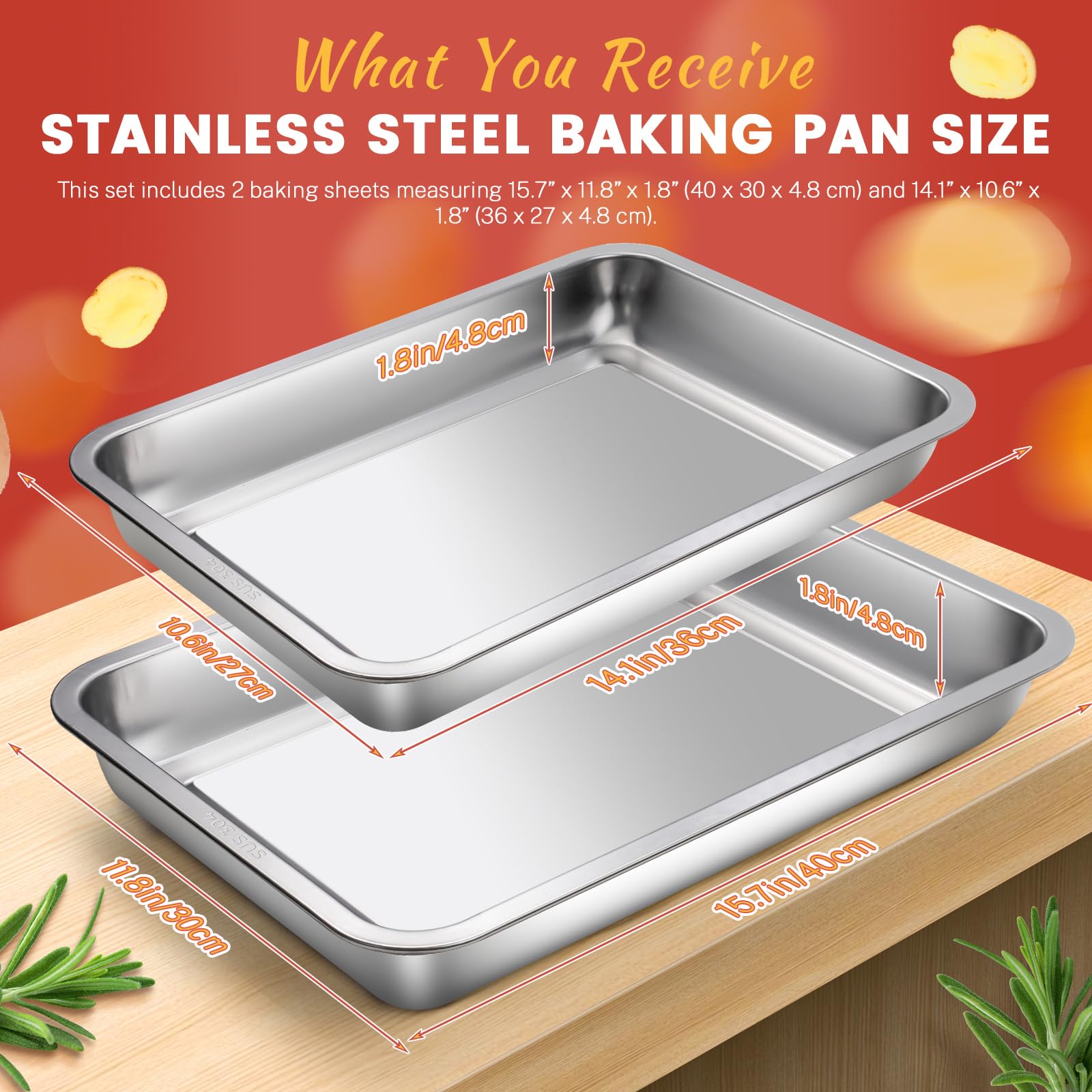 Set di 2 teglie da forno per biscotti in acciaio inossidabile 304, teglie spesse, antiaderenti, facili da pulire, per arrostire antipasti e preparazioni (argento, 39,9 cm e 35,8 cm)