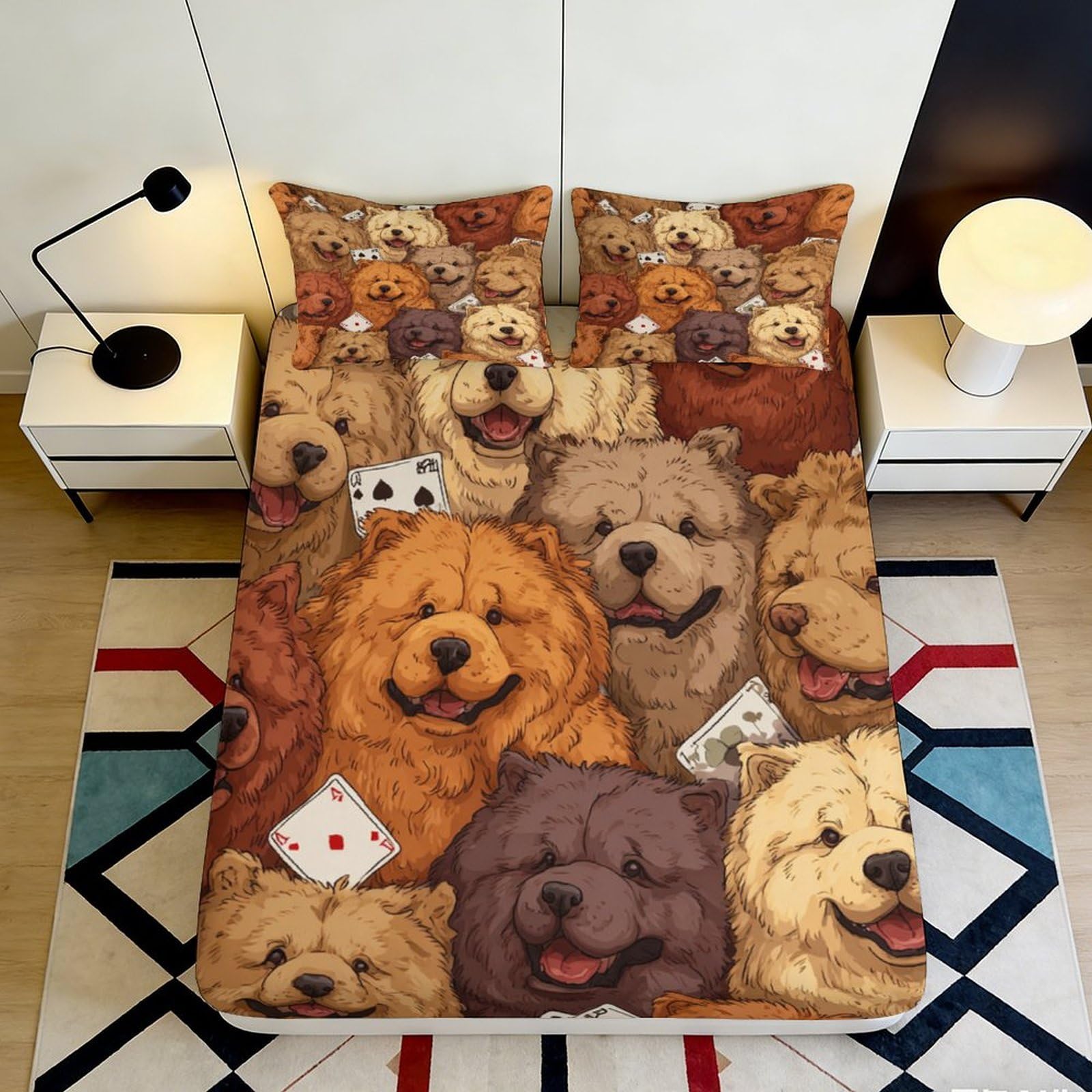 3D Printed Dog Pattern Fitted Sheet Microfiber Deep Pocket Non-Slip Elastic Hem Dog Mattress Fitted Cover for Bedroom 160x200x25cm
