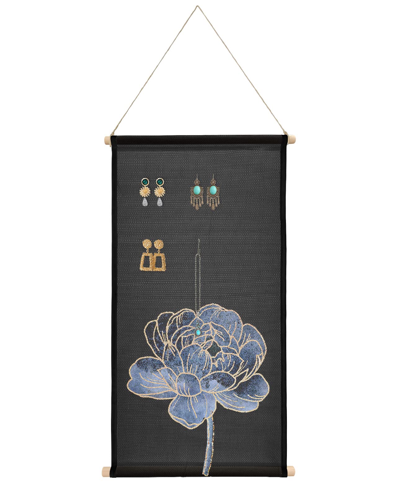 Comforance Flower Hanging Earrings Organizer, Earring Holder Holds Up To 330 Pairs, Decorative Earring Hanger Earring Display Jewelry Organizer for Women Girls, Blue Golden Floral Black Background
