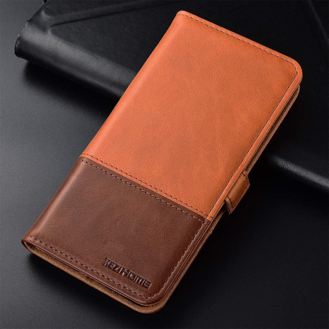 TOP оƒƒERS Oneplus 7 Pro Case, KEZiHOME Oneplus 7 Pro Wallet Case, [RFID Blocking] Genuine Leather Wallet Flip Folio Case Cover with Card Slot, Stand Holder, Magnetic Closure for Oneplus 7 Pro 2019 (Khaki/Brown)