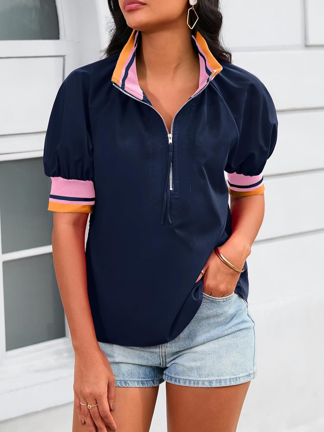 Womens Summer Blouse Tops Puff Sleeve Shirts Half Zip V Neck Dressy Casual Color Block T-Shirts - Image 2