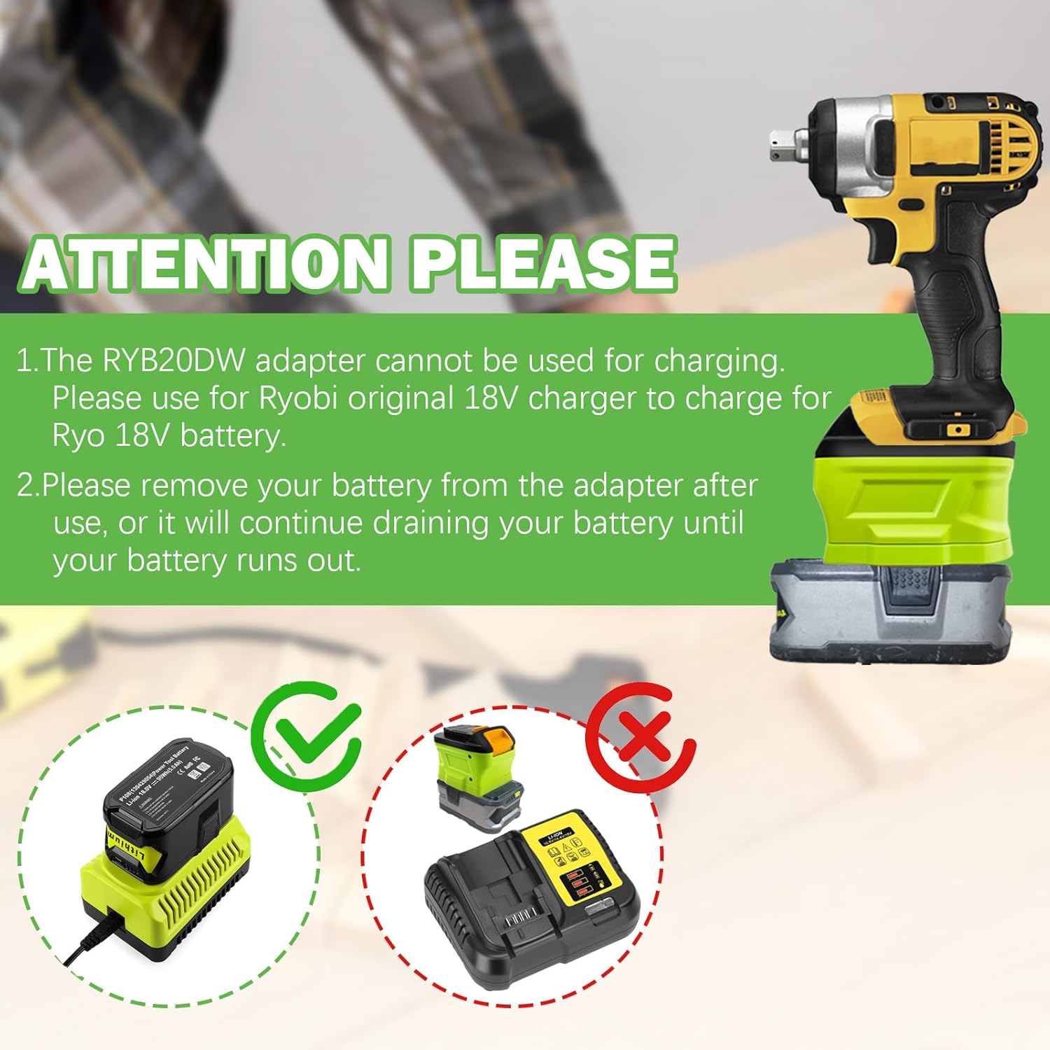 Adapter for Ryobi to for Dewalt Tools,for Ryobi 18V Battery Convert to Replace for 20V MAX DCB204 DCB207 DCB206 Battery,Work for DEWALT 20V MAX Cordless Drill/Impact Driver Cordless Tool