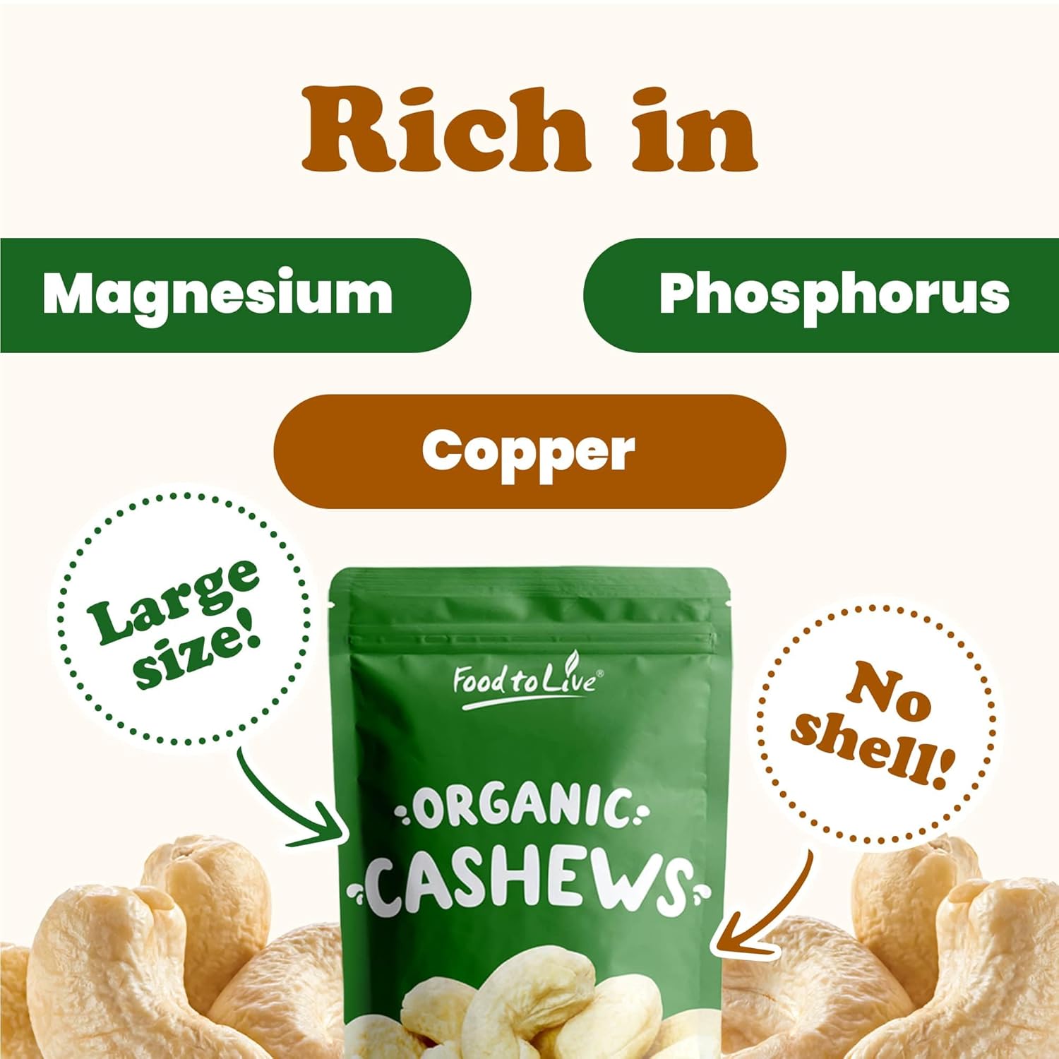 Food to Live Organic Cashews, 2 Pounds – Whole, Size W-240, Unsalted, Non-GMO, Kosher, Raw, Vegan, Bulk