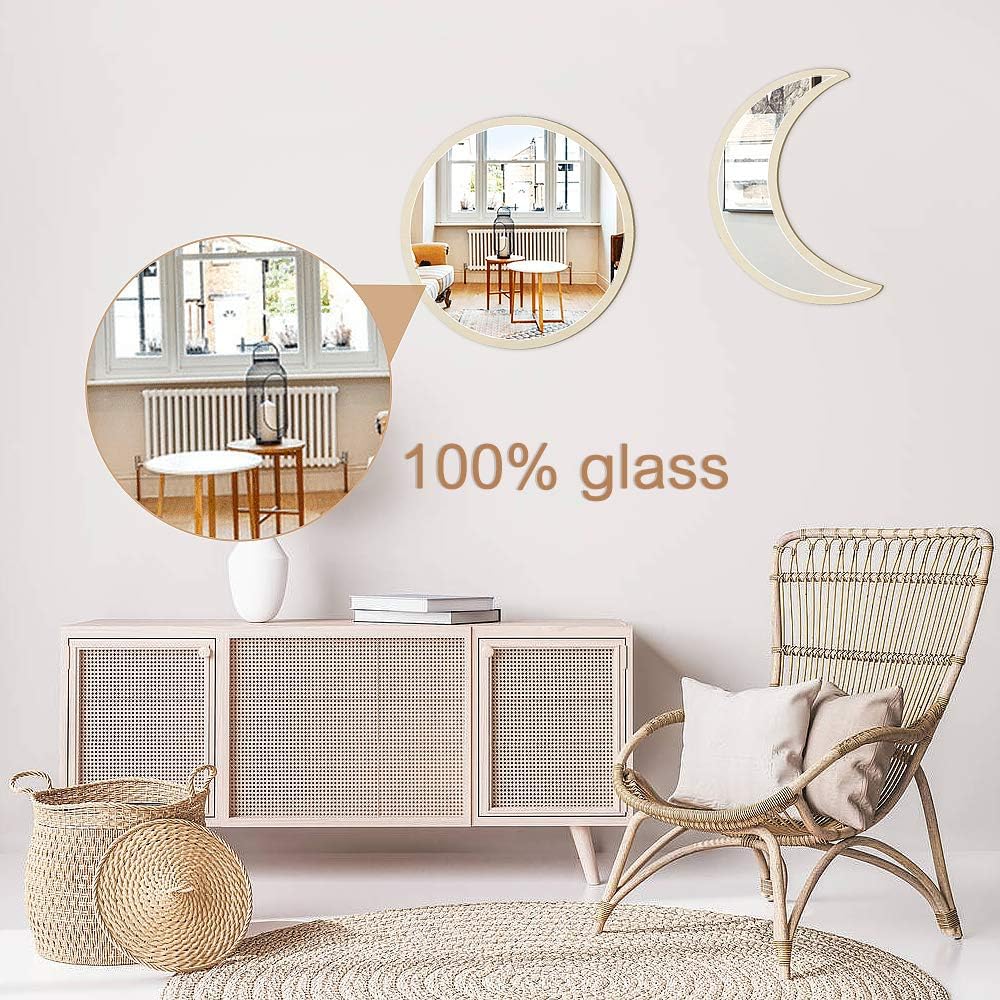 SelfTek 5Pcs Wooden Moon Phase Mirror Set Large Acrylic Moon Mirror Wall Stickers Scandinavian Home Wall Decor Bohemian Decorative Tiles Boho Style for Living Room Bedroom Gym Gallery Wall Decorations