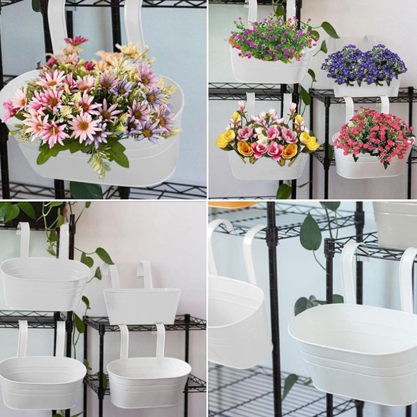 CITÉTOILE 4 Pièces Pots de Fleurs Suspendus en Métal,Pots Suspendus Balcon avec Trou de Drainage, Pots Suspendus Blancs avec Crochet Amovible pour Balcon, Clôture, Jardin, Mur,Maison Décor
