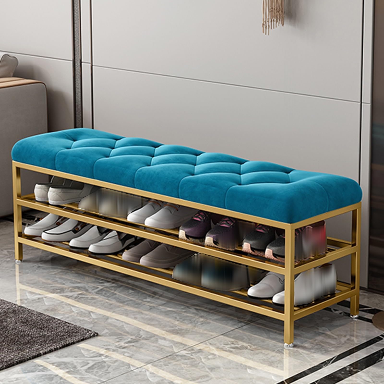 LWJSOCP Upholstered Entryway Shoe Rack Bench with Cushion Metal Frame Shoe Bench for Living Room Hallway Mudroom Blue 60cm