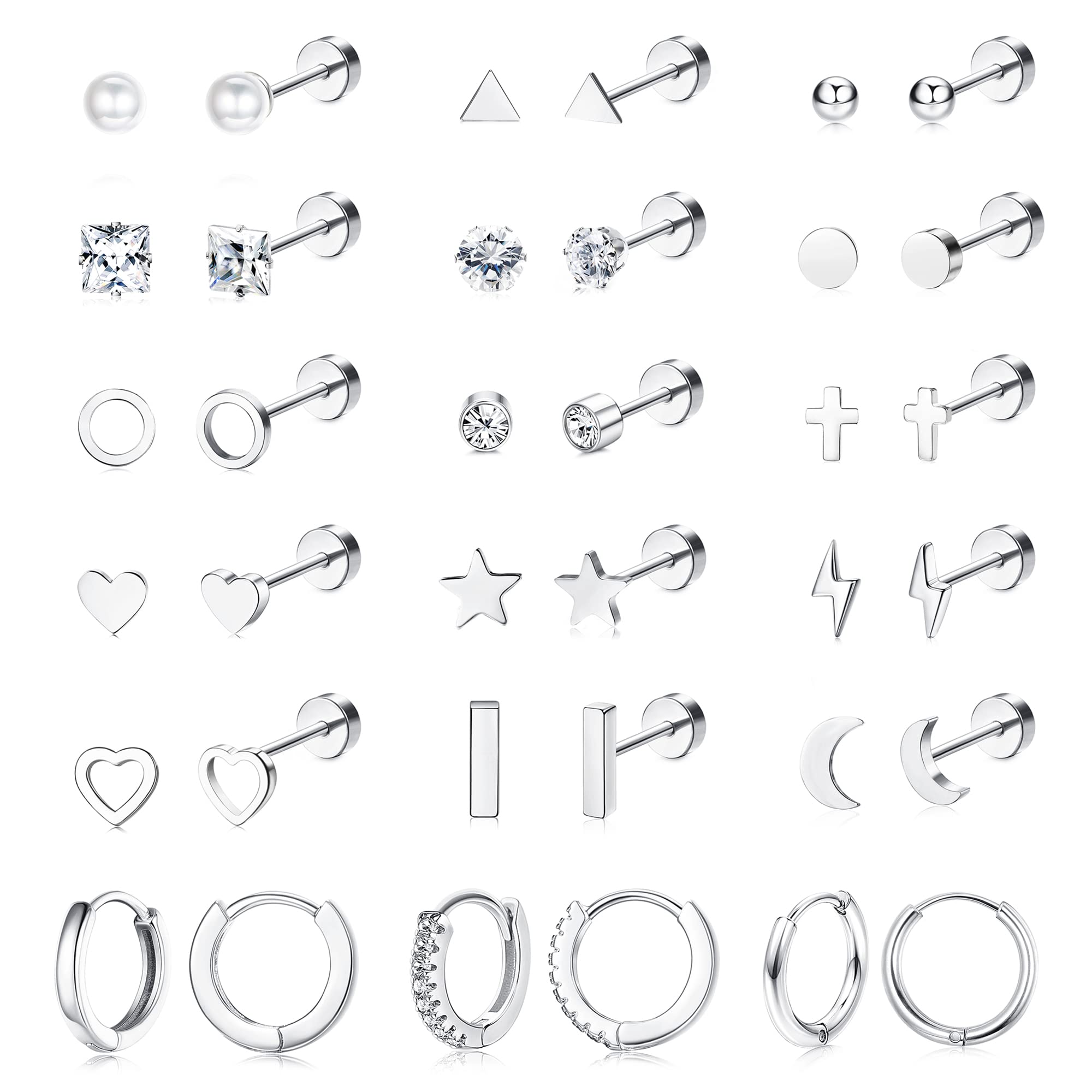 MILACOLATO18 pares de Pendientes de Aro Acero Inoxidable para Mujer y Hombre, Cartílago Trague Pendientes Huggie Pequeños Geométricos de Corazón Luna y Estrella con Circonita Cúbica Pendientes Set