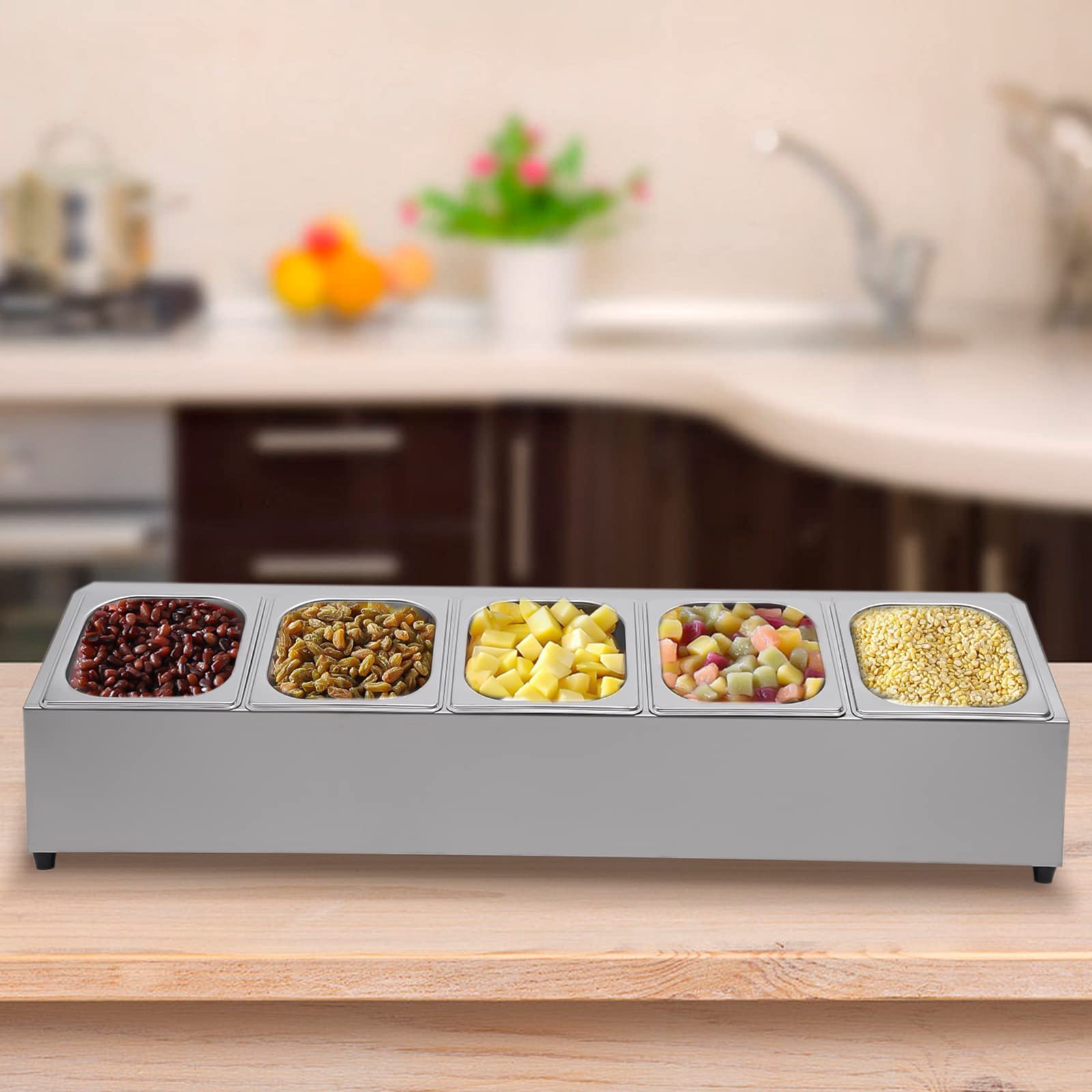 Portaspezie monopetto in acciaio inox con 5 contenitori 1/6 per barattoli di spezie, armadietto da cucina, organizzatore di spezie smussato per spezie, salse, marmellate, frutta e altri