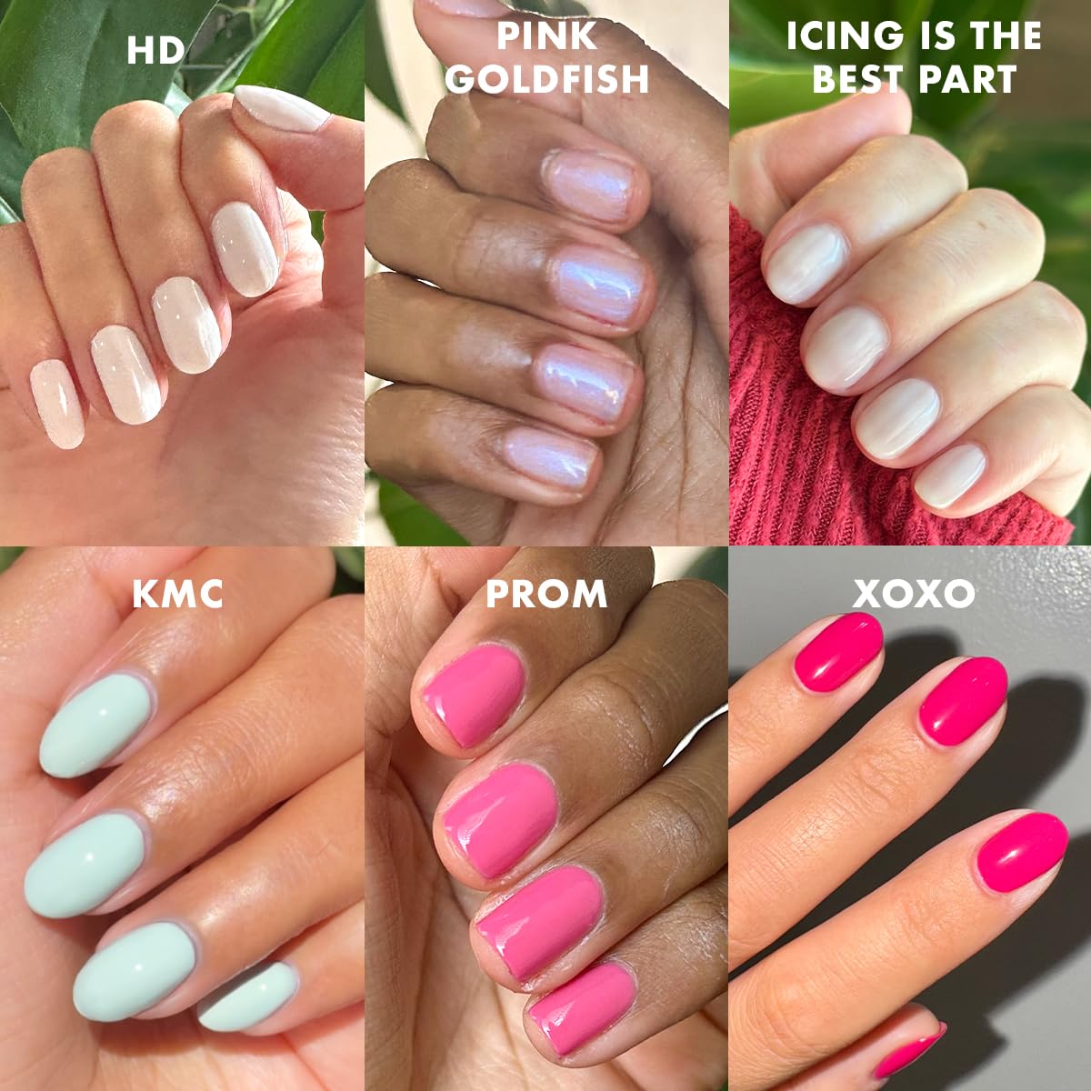 Olive & June Bestsellers Gel Polish Set | UV LED Nail Lamp Needed | Includes 6 Shades (HD, KMC, Pink Goldfish, Icing Is The Best Part, Prom, XOXO) + Gel Top Coat & Base Coat & Peel-Off Base
