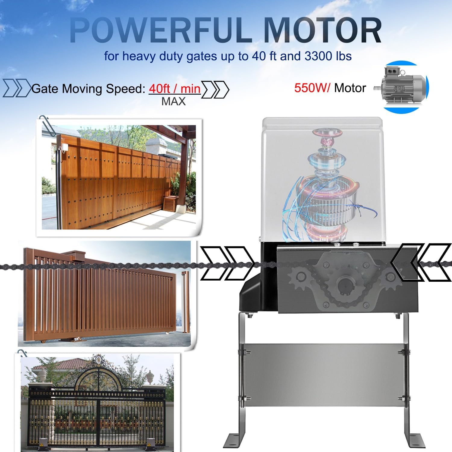 3300lb Automatic Sliding Gate Opener APP Control with 6 Remote, Driveway Electric Slide Gates Operator Motor Complete Kit, 20ft Driven Chain/IR Secure Sensor/Keypad