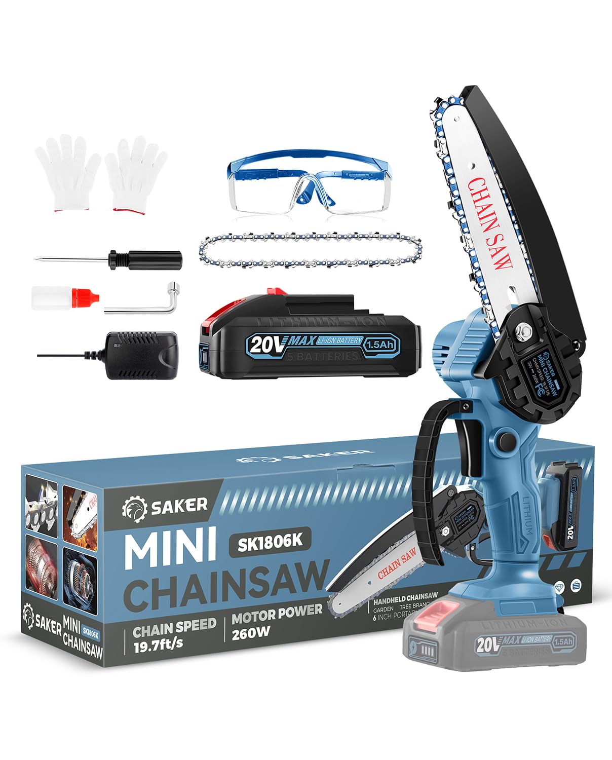 Saker Mini Chainsaw|6 Inch Chainsaws[2025 Upgraded]|Mini Cordless Electric Chain Saw|Small Handheld Portable Chain Saws Battery Powered Saw for Tree Trimmer and Garden,Christmas Gifts