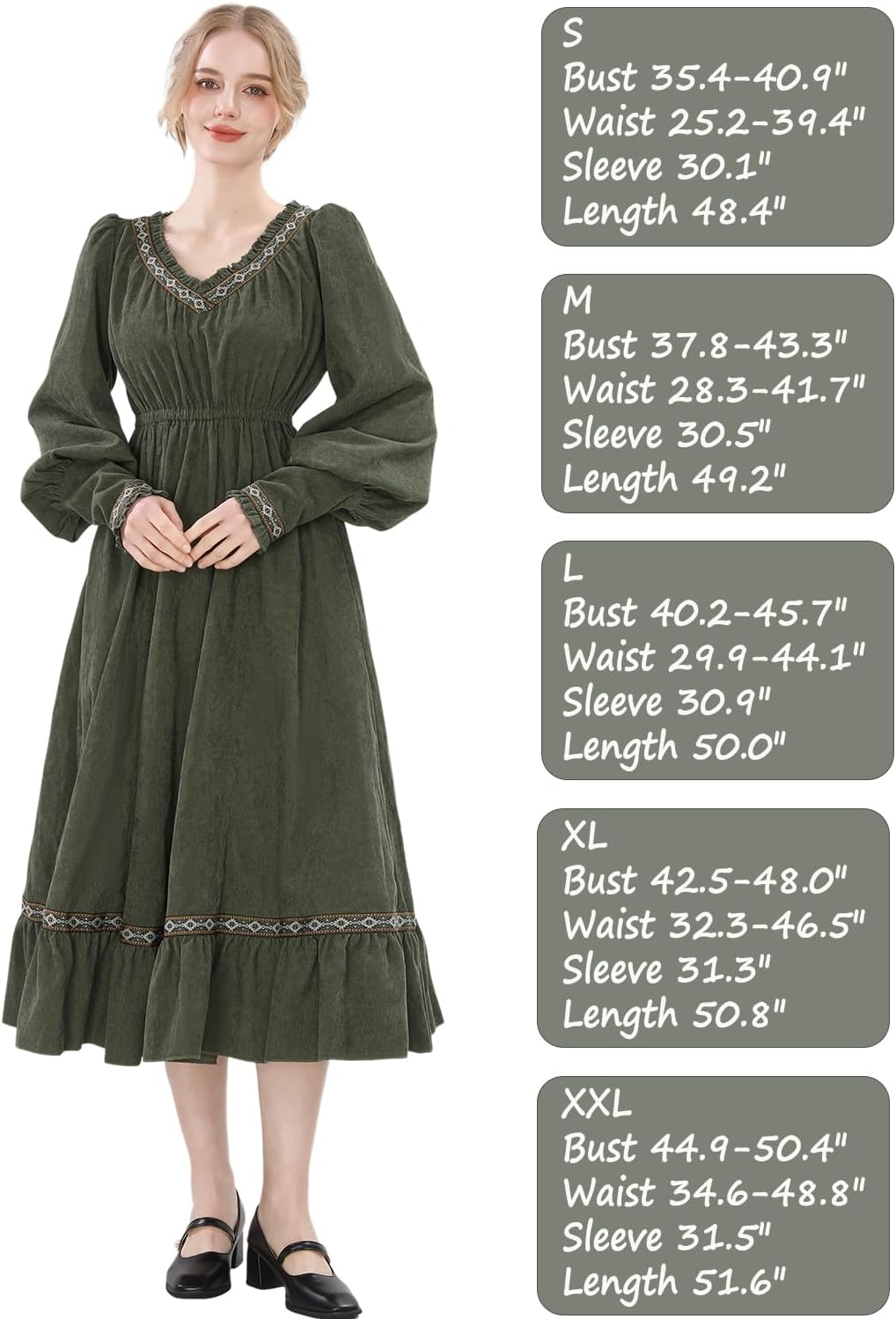 CR ROLECOS Renaissance Costume Women Long Sleeve Medieval Dress Peasant Ren Fair Dresses with Pockets Green