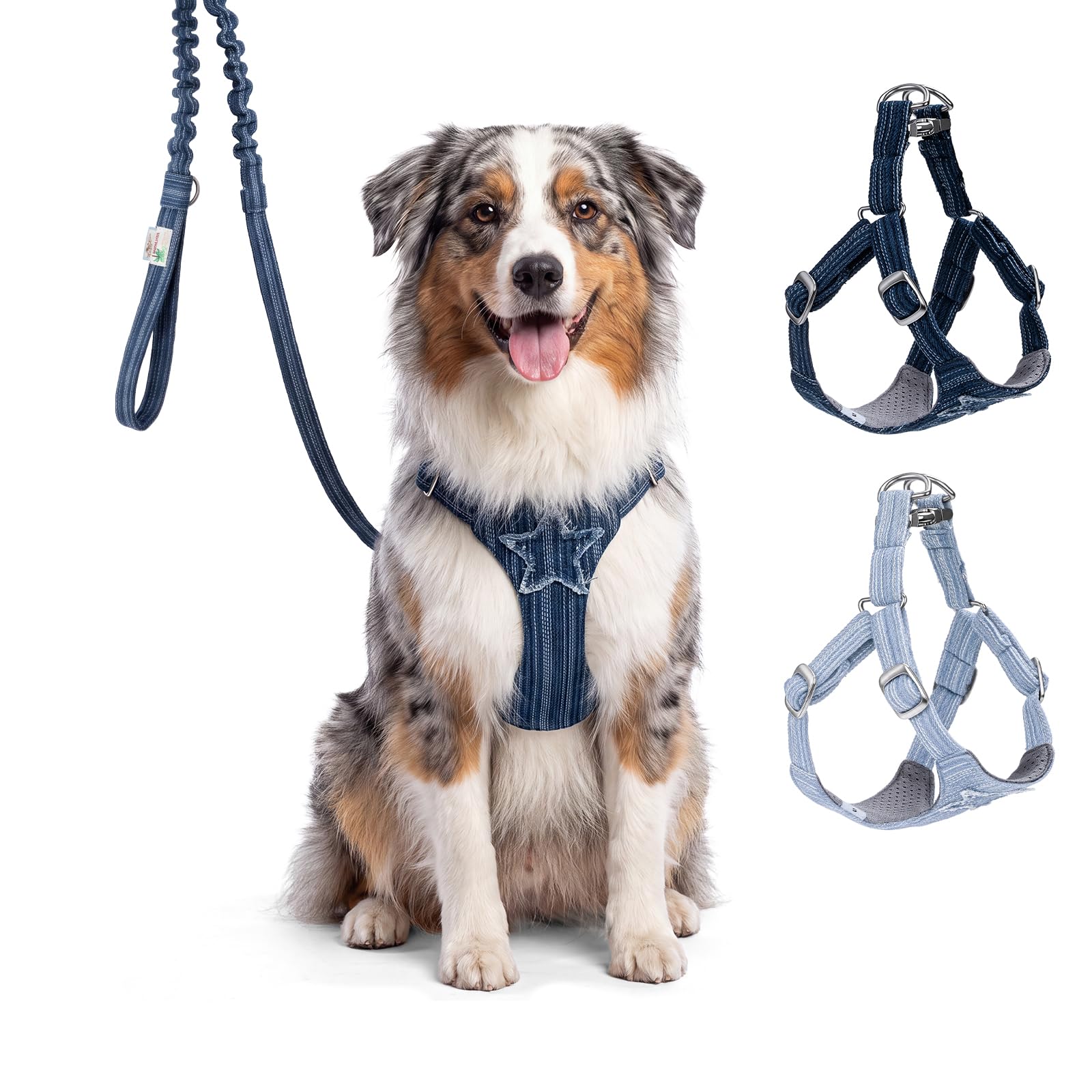 Minimighty No Pull Dog Harness and Leash Set, Cute Denim Escape Proof Puppy Harness, Adjustable Pet Accessories for Small Medium Dogs and French Bulldog