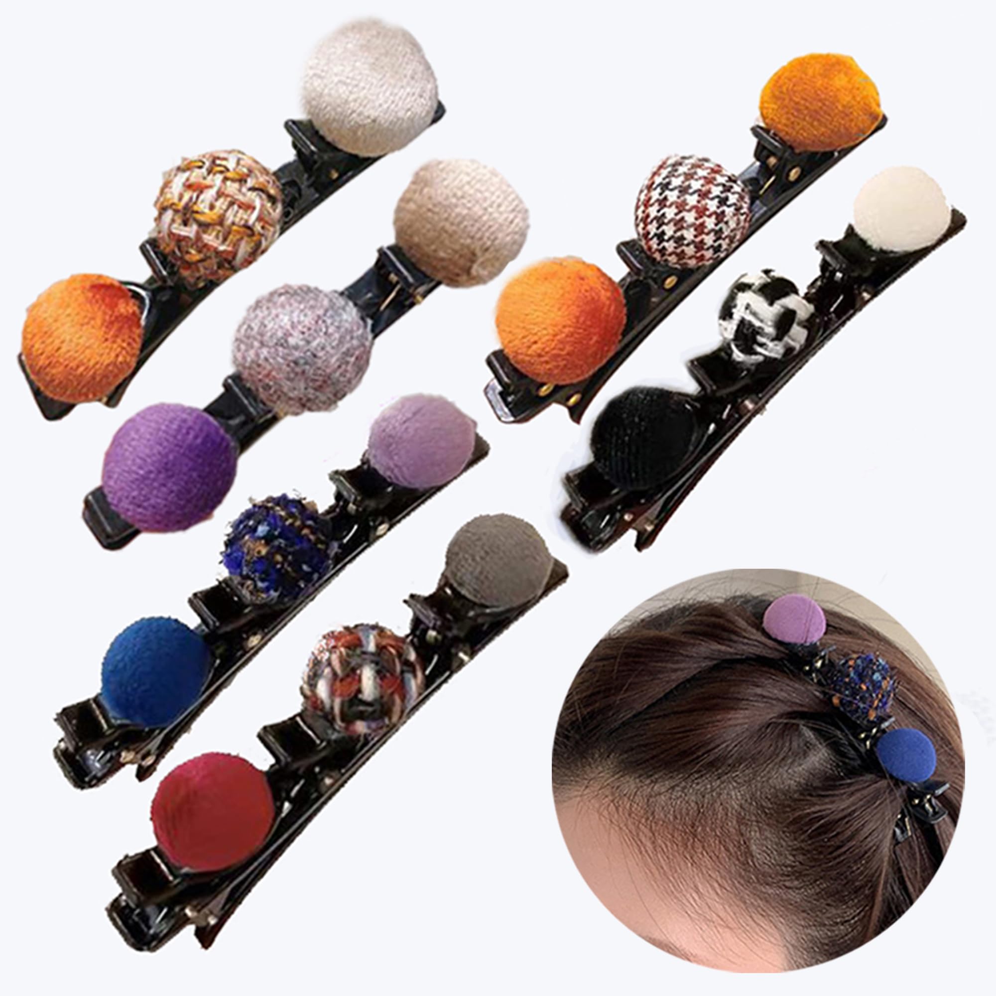 Colorful Pompom Braided Hair Clips for Women, Hair Clips with 3 Small Clips and Pompoms, 6PCS Hair Barrettes