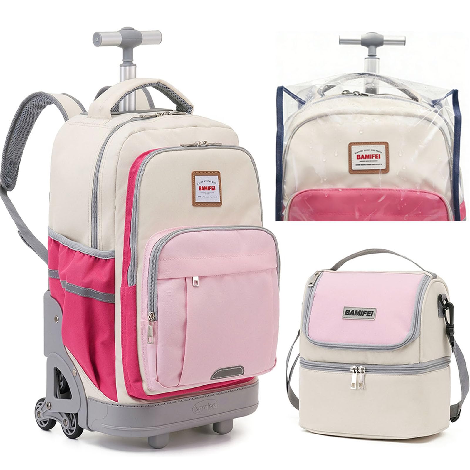 BAMIFEI 6 Wheel Rolling Backpack for Kids 18" Set - Pink | Effortless 6-wheel stair climbing design. Value set includes a matching insulated lunch box and waterproof rain cover.