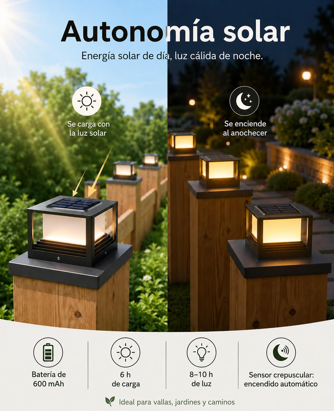 Farola Solar Exterior, 2 Piezas Luces Exterior Sobremuro, Luz Solar para Postes de Valla 8x8 9x9 10x10cm, IP65 Impermeable, 2 Modos, para Jardín Valla Terraza Postes de Madera