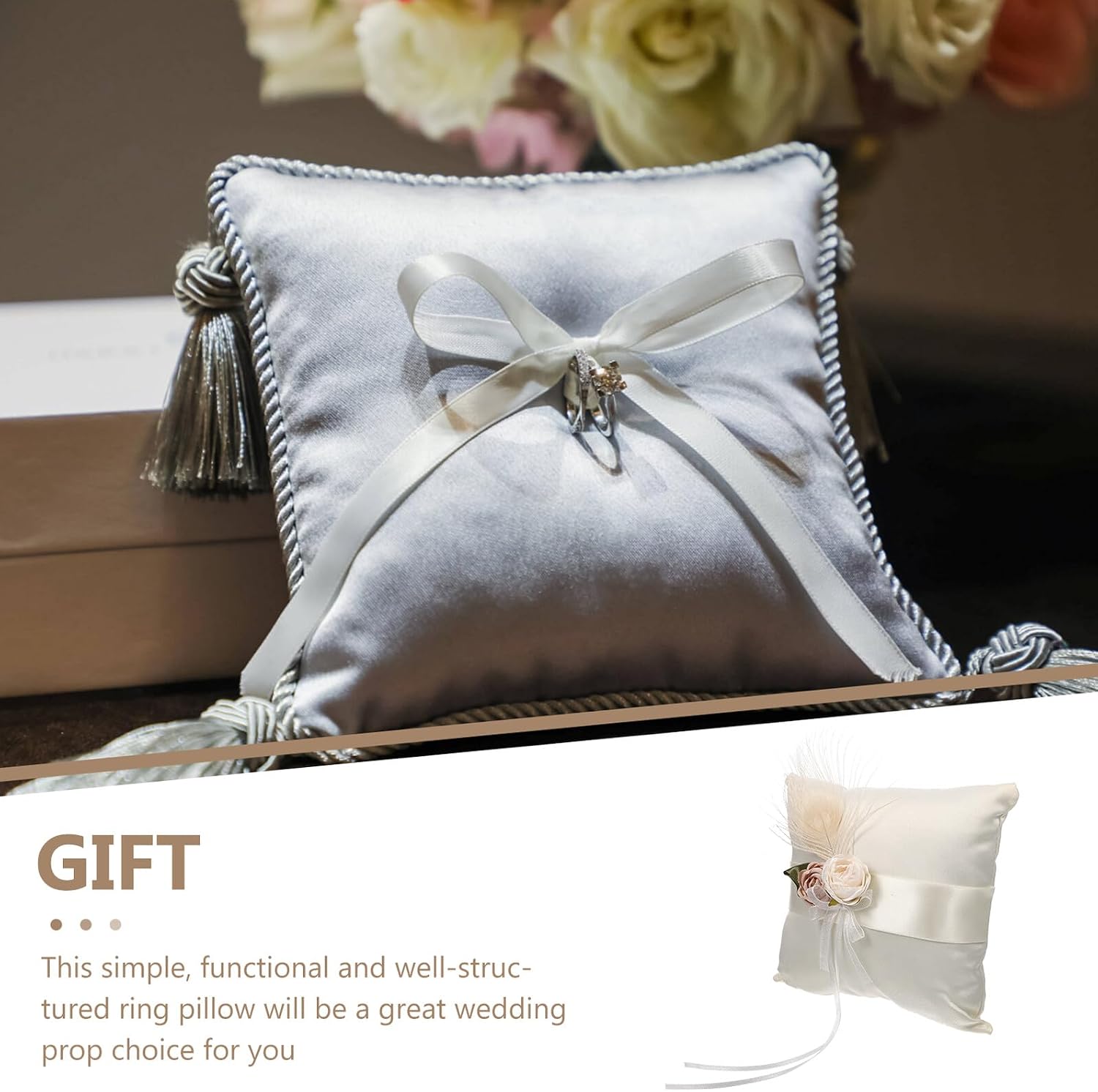 Homoyoyo Wedding Ring Pillow Satin Flower Cushion Lace Bow Ring Bearer Pillow for Wedding Ceremony and Party Decoration