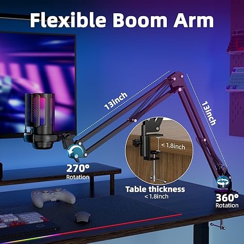 Miniatura 6 de Micrófono USB para juegos para PC, kit de micrófono de podcast para transmisión, micrófono de condensador con silencio rápido, brazo de auge, filtro