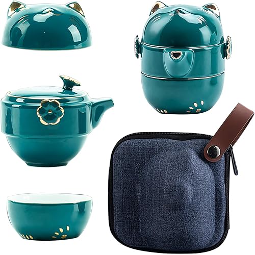 Portable Ceramic Tea Cup Set: Lucky Cat Porcelain Teapot Set with Tea Strainer - Lids and 1 Shockproof Storage Case - Suitable for Travel - Outdoor Picnic - Office Work - Home - Red (Green)