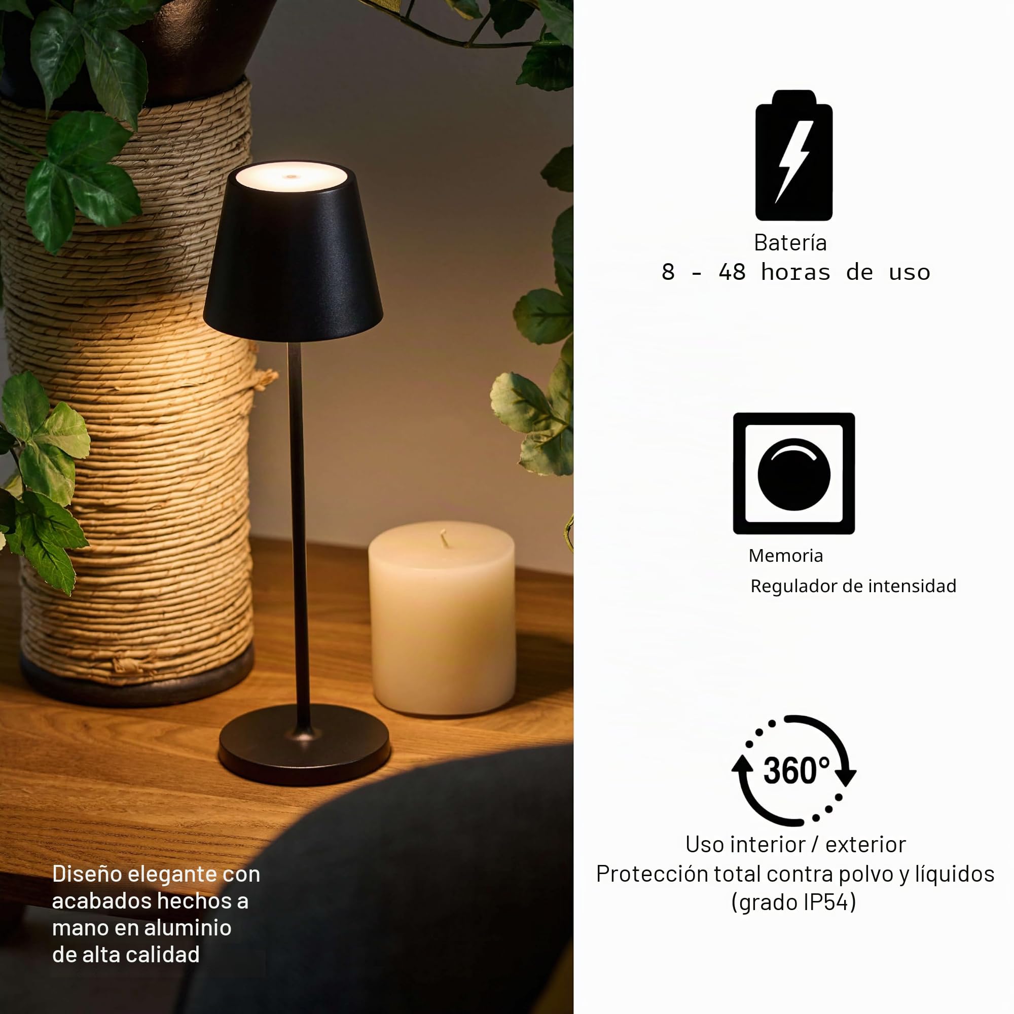 SuzieV Lámpara de Mesa LED Recargable y Regulable, Abat-Jour Inalámbrico, Aluminio, Uso Interior/Exterior, 48h de Autonomía, 3 Temperaturas de Luz, Mineral Corten